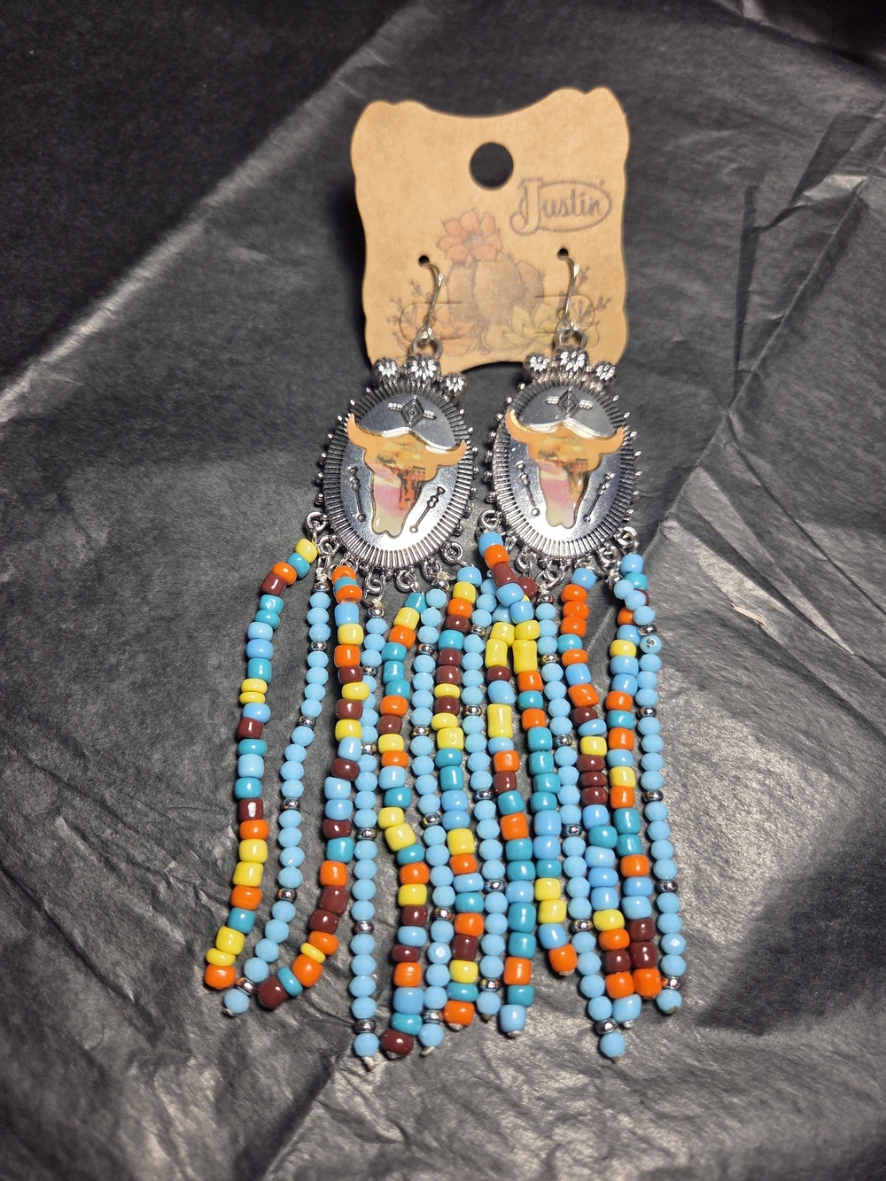 Justin Boots Turquoise, Orange & Yellow Beaded Fringe Cow Skull Earrings